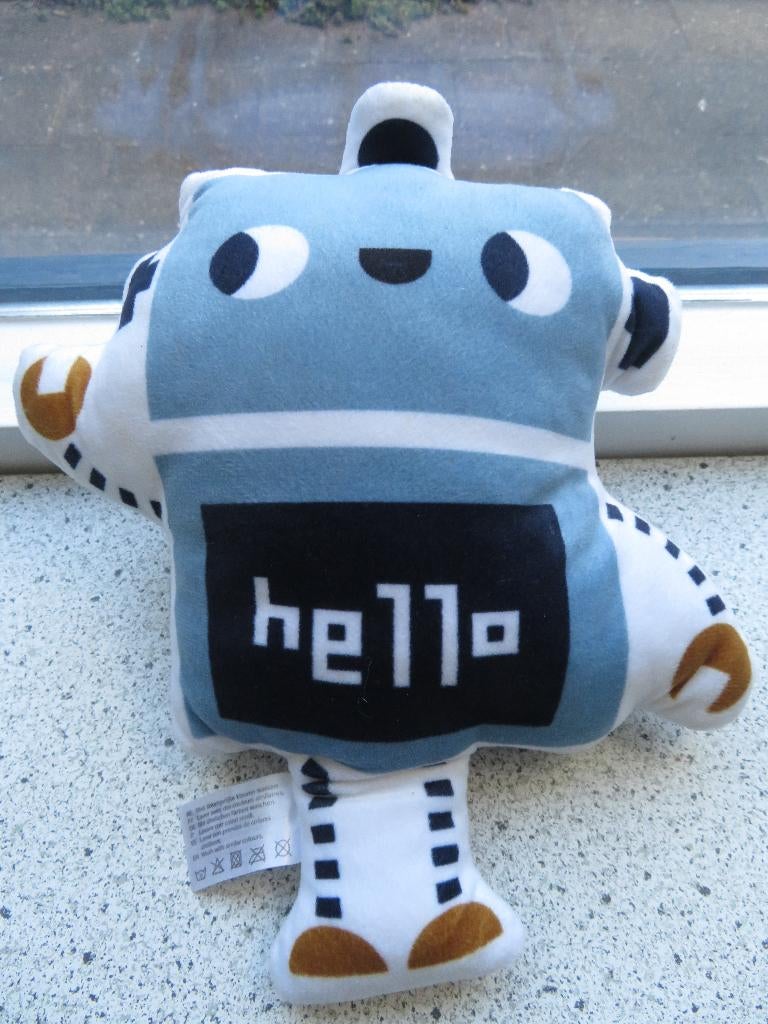 Robot knuffel van Zeeman HELLO soort kussentje ca 28 cm, Overige typen, Ophalen of Verzenden, Zo goed als nieuw, Wasbaar