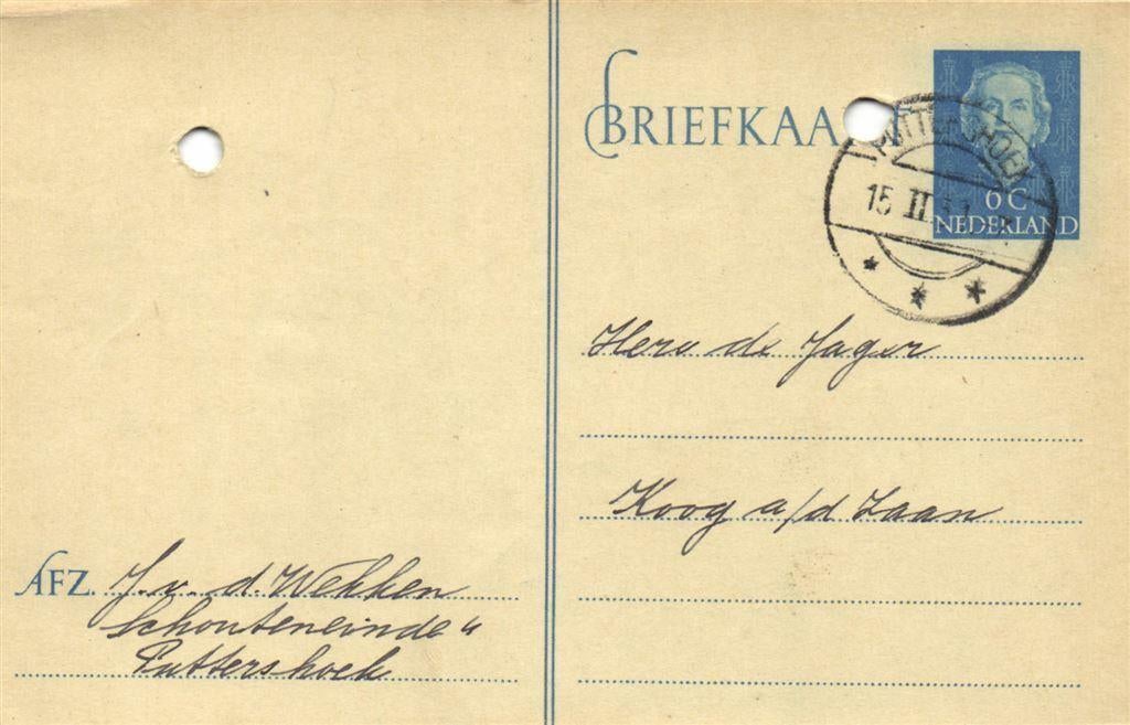 J. v.d. Wekken, Puttershoek - 02.1951 - briefkaart, Ophalen of Verzenden, Briefkaart