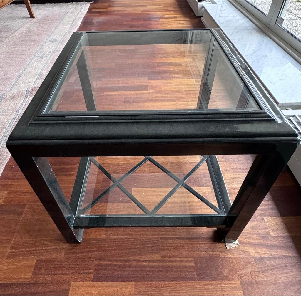 Vintage bijzettafel met glazen bladen 60x60, 45 tot 60 cm, Gebruikt, Metaal of Aluminium, Vierkant