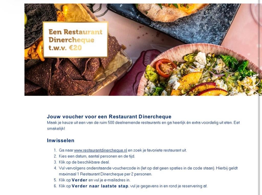 Dinercheque twv 20 euro, Eén persoon, Augustus