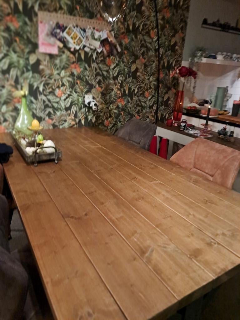 Zware houten eettafel met zwart houten onderstel, Huis en Inrichting, Tafels | Eettafels, Gebruikt, 100 tot 150 cm, 200 cm of meer
