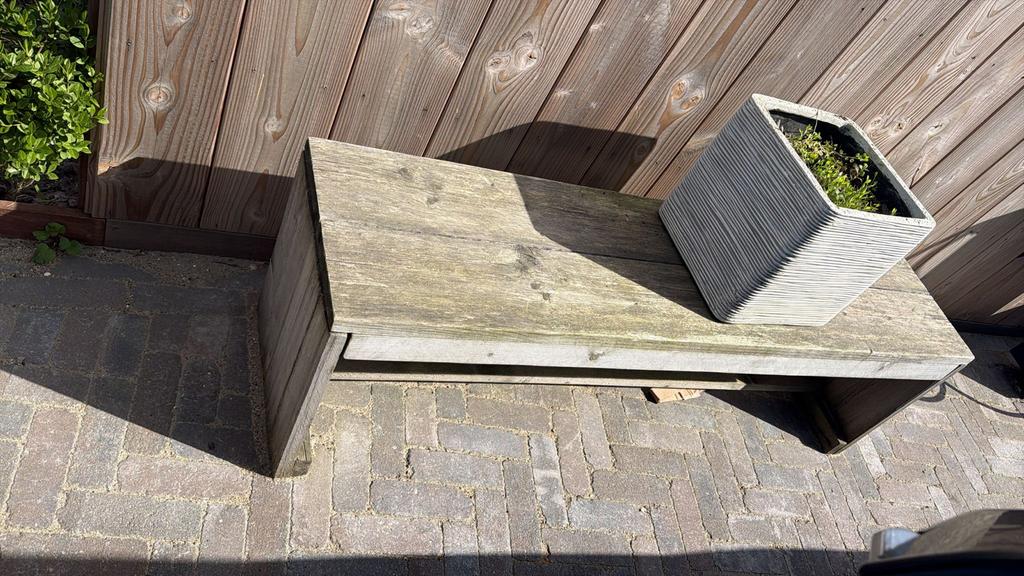 Steigerhouten bankje met bloembak, Tuin en Terras, Ophalen, Gebruikt, Hout