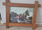 Schilderij boerderij met waterrad en bomen in houten lijst, Ophalen of Verzenden