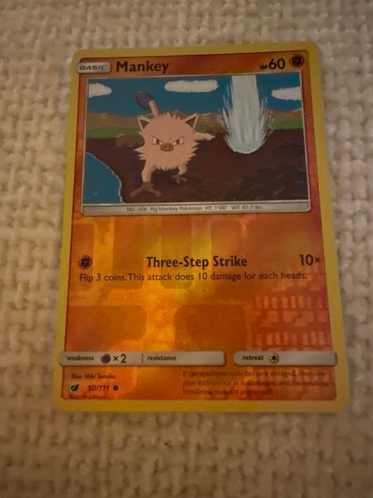 Mankey Pokémon Kaart 50/111 - Sun & Moon Base Set, Ophalen of Verzenden, Zo goed als nieuw, Losse kaart