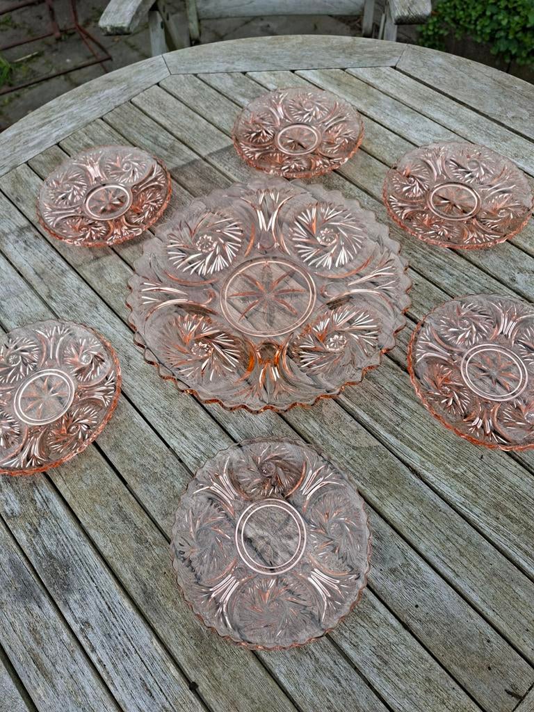 Vintage roze glas taartset, Ophalen of Verzenden
