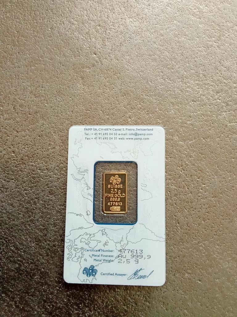 Gecertificeerd baartje 999,9 Goud 2,5 gram Pamp Suisse, Postzegels en Munten, Edelmetalen en Baren, Verzenden, Goud