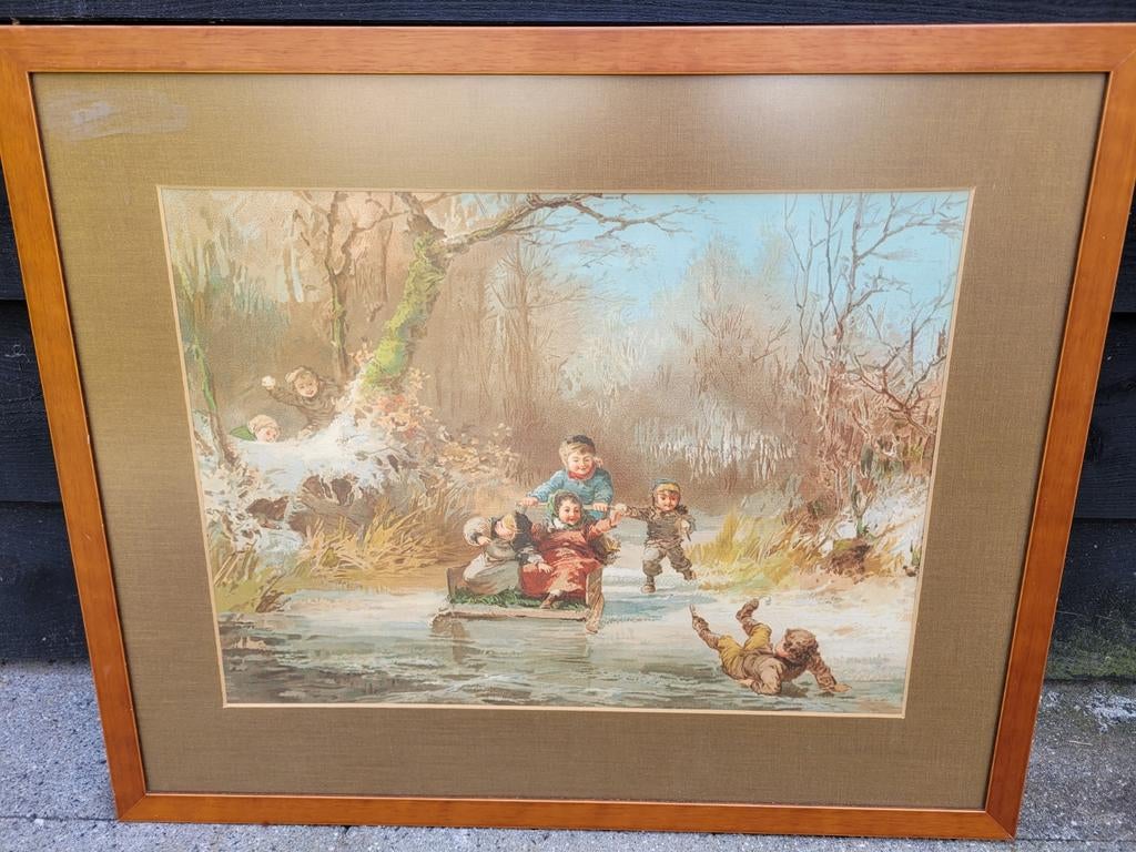 Leuk kijkschilderij met winters tafereel ingelijst, Ophalen