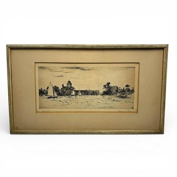 Johan Hemkes (1894-1988) - gezicht op Grou, Antiek en Kunst, Kunst | Etsen en Gravures, Ophalen of Verzenden