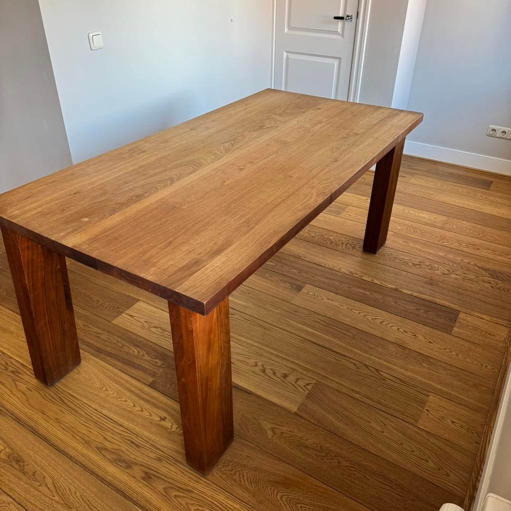Mid-century modern | Massief notenhouten eettafel, Huis en Inrichting, Ophalen, Gebruikt, 50 tot 100 cm, Vijf personen of meer