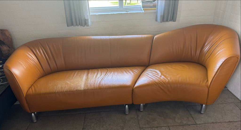 Leolux Pupilla 2,5-zitsbank met chaise longue cognac leer, Huis en Inrichting, Ophalen, 250 tot 300 cm, Gebruikt, Driepersoons