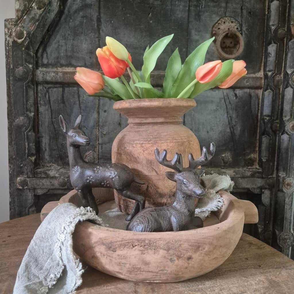 Houten schaal, kunsttulpen, gietijzeren hert, landelijke set, Ophalen of Verzenden