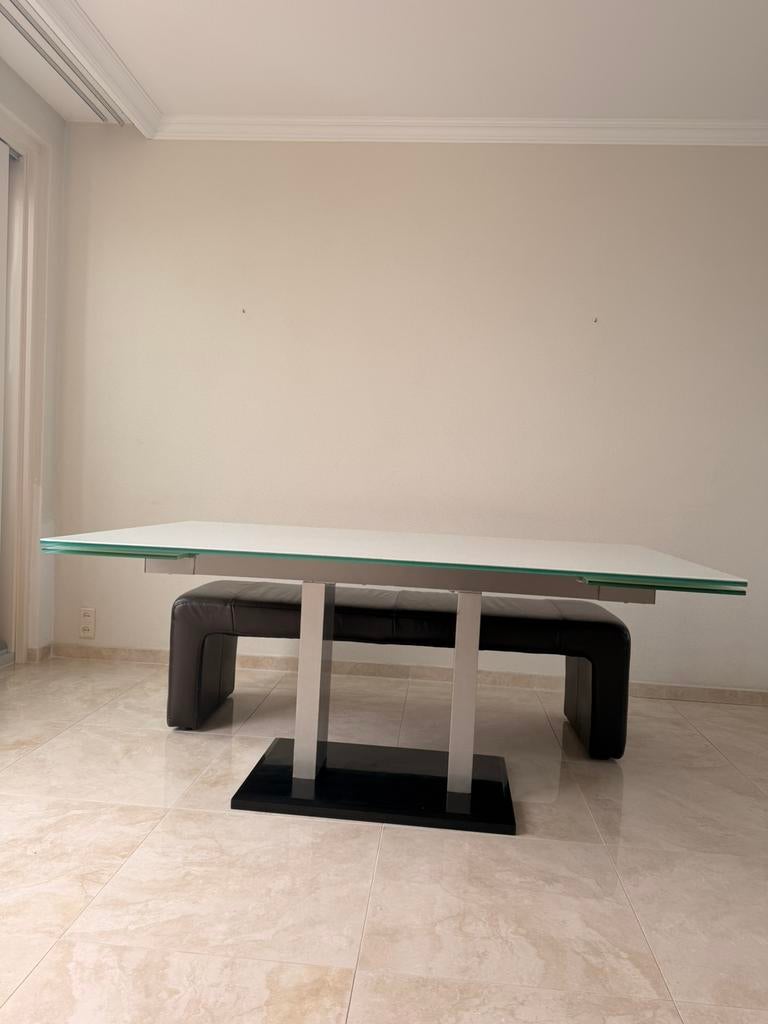 Glazen eettafel met granieten poot, Ophalen, Gebruikt, 50 tot 100 cm, Vijf personen of meer