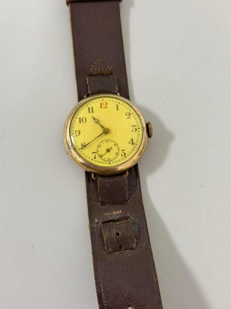 Antiek Trench Horloge 1910-1920-1930 Leder Heren verguld, Overige merken, 1900 tot 1930, Polshorloge, Ophalen of Verzenden