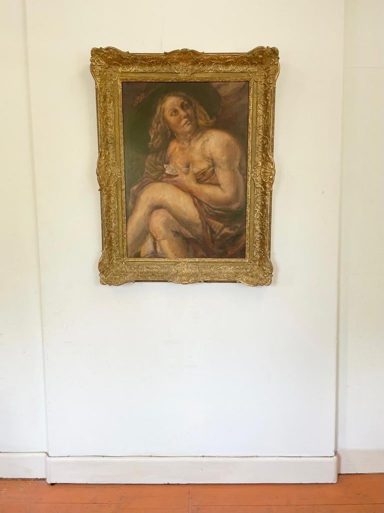 GIGANTISCH ANTIEK OLIEVERF SCHILDERIJ. Naakte vrouw portret, Ophalen