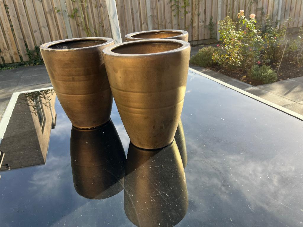 Bronskleurige bloempotten, Tuin en Terras, Bloempotten, Rond, Binnen, Ophalen of Verzenden, Zo goed als nieuw