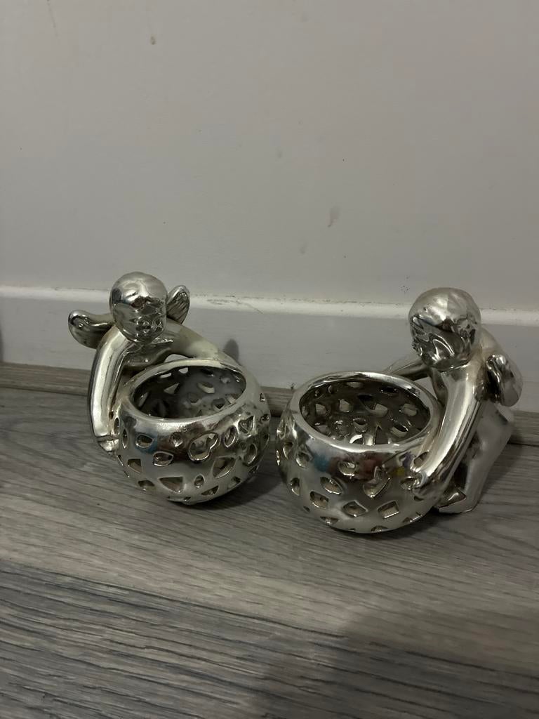 Engel waxinelicht houders, Gebruikt, Ophalen of Verzenden, Metaal, Kandelaar