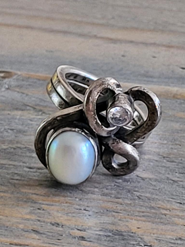 Rabinovich Zilveren Ring met Parel en Zirkonia, Sieraden, Tassen en Uiterlijk, Met edelsteen, Ophalen of Verzenden, Zo goed als nieuw