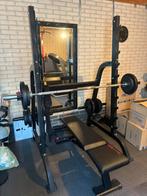 Complete krachttrainingsset - Rack, bank, barbell en 90kg, Ophalen, Zo goed als nieuw, Fitnessbank