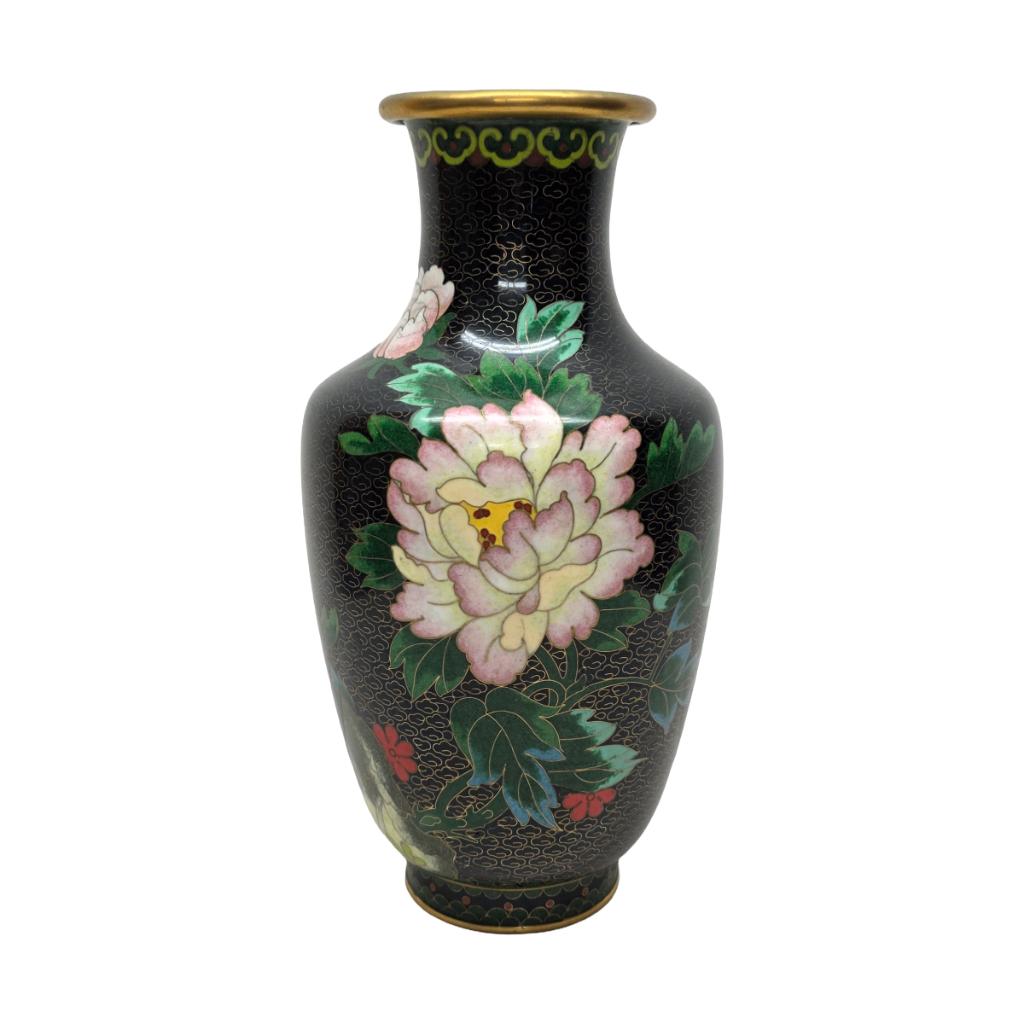 Grote vintage zwarte cloisonné vaas, Huis en Inrichting, Woonaccessoires | Vazen, Overige materialen, Zwart, Ophalen of Verzenden