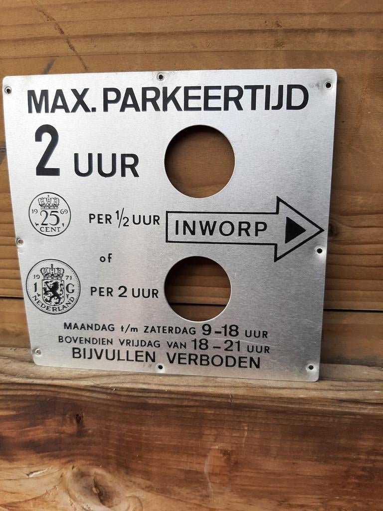 Vintage parkeermeter instructieplaat - Max. 2 uur parkeren, Ophalen of Verzenden