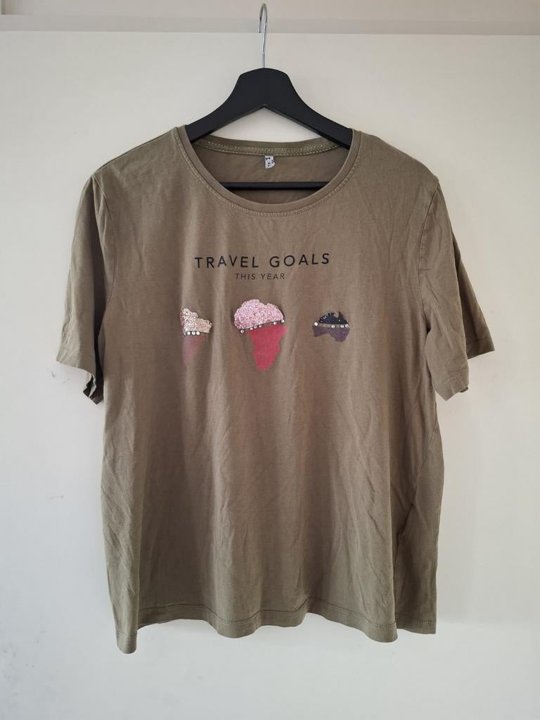 Groen T-shirt met 'Travel Goals' print en pailletten, Maat 38/40 (M), Ophalen of Verzenden, Onbekend, Korte mouw
