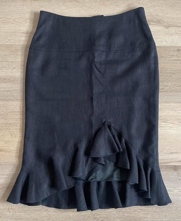 Lange donkerblauwe linnen rok Scarva - maat 44, Kleding | Dames, Rokken, Zo goed als nieuw, Maat 42/44 (L), Blauw, Onder de knie