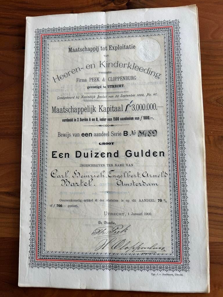 Zeldzaam Aandeel Peek & Cloppenburg - 1 Januari 1900, Postzegels en Munten, Aandelen en Waardepapieren, Ophalen of Verzenden, Voor 1920