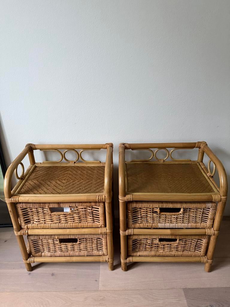Set van 2 rotan nachtkastjes met lades - 53x41x30 cm, Ophalen, Overige materialen, Gebruikt, Minder dan 45 cm