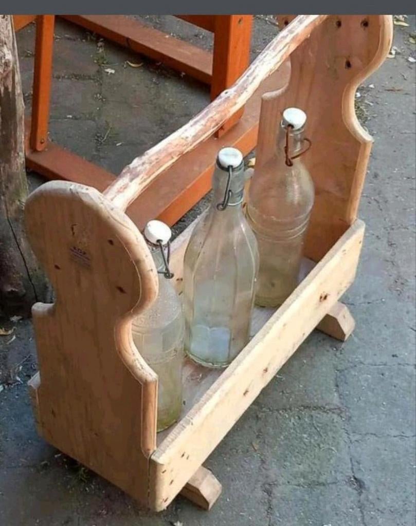 Houten bak met antieke glazen limonade flessen, Ophalen of Verzenden