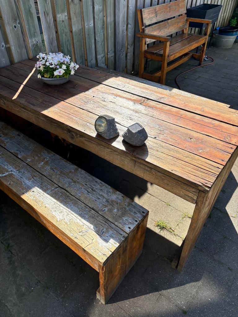 Buitentafel met bankjes, Tuin en Terras, Tuintafels, Gebruikt, Rechthoekig, Hout, Ophalen