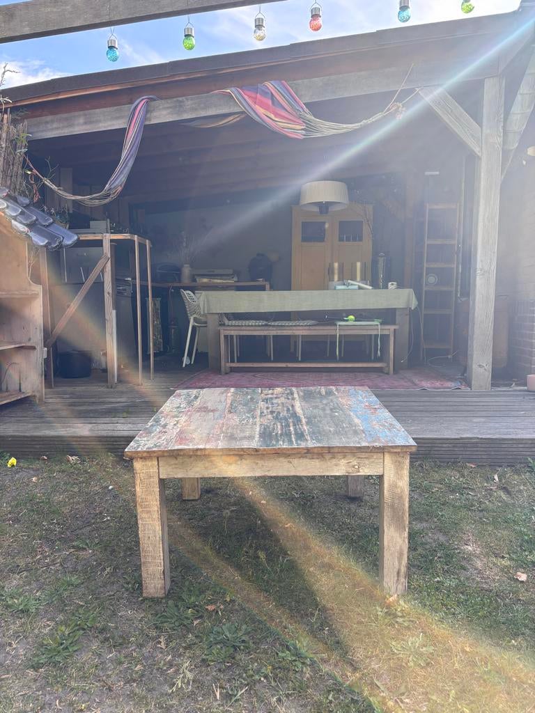 Unieke 80x80cm salontafel - Vintage look, Ophalen, Gebruikt, Vierkant, 50 tot 100 cm