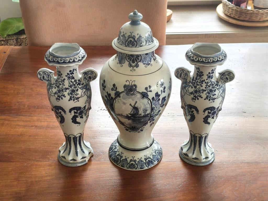 Delfts Blauw Vazen Set - 3 Stuks met Molen Decor, Ophalen of Verzenden