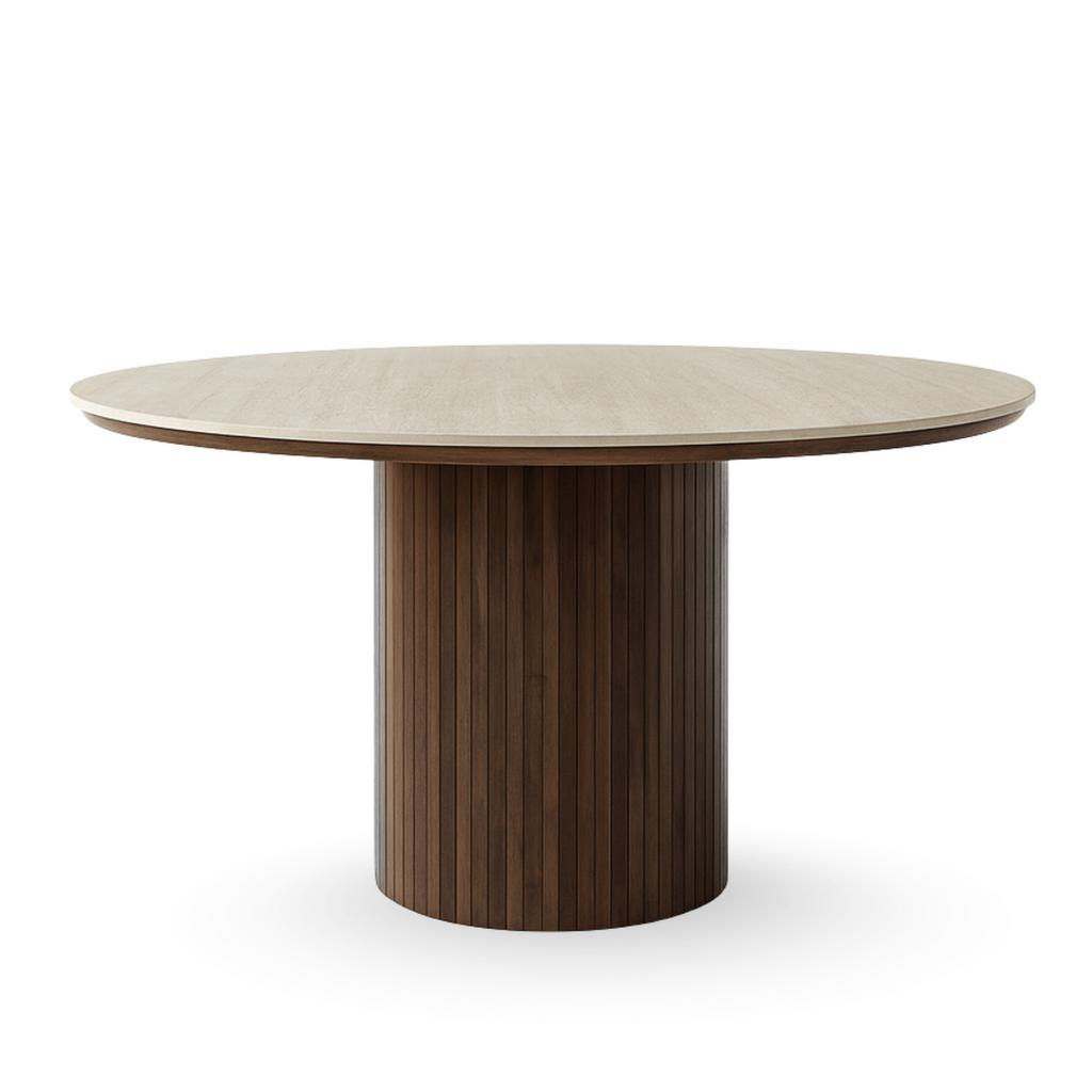 Enzo Ronde Eettafel Beige Steen & Gerookt Eiken, 100 tot 150 cm, Ophalen of Verzenden, Vijf personen of meer, Eikenhout