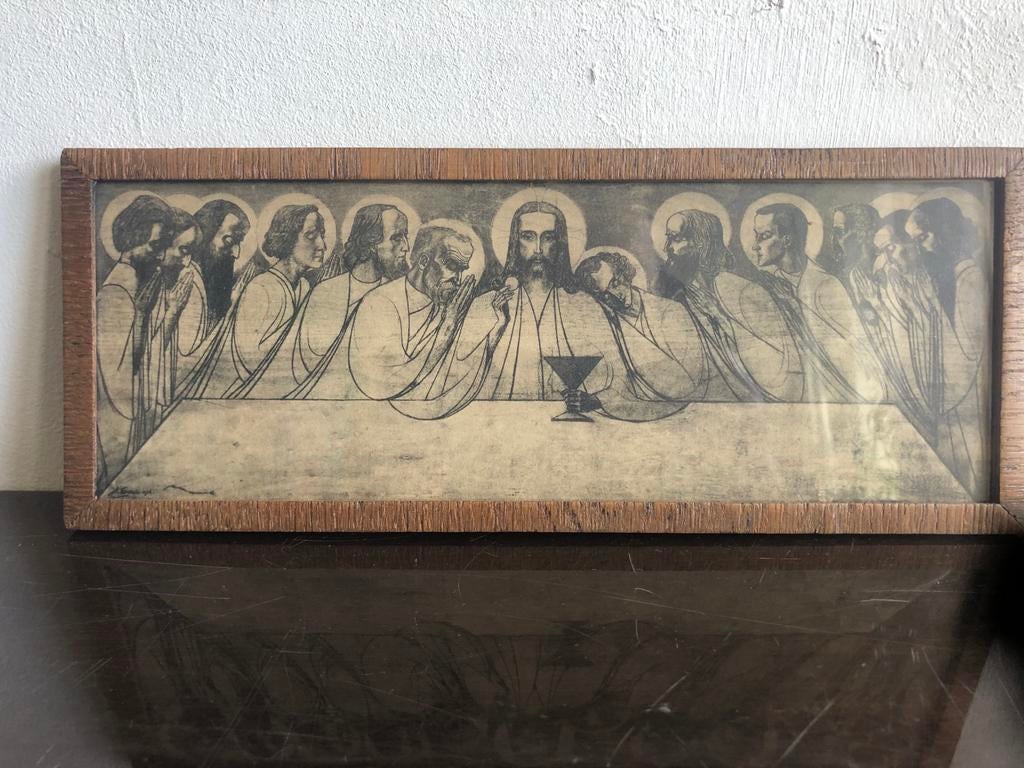 Vintage De Laatste Avondmaal Print in Houten Lijst, Antiek en Kunst, Ophalen