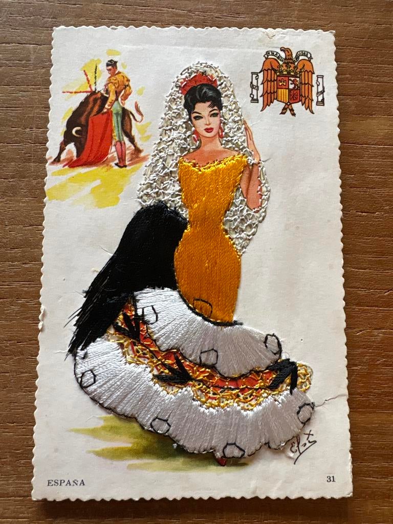Vintage geborduurde ansichtkaart Spanje - Flamenco danseres, Ophalen of Verzenden, 1960 tot 1980, Gelopen, Spanje