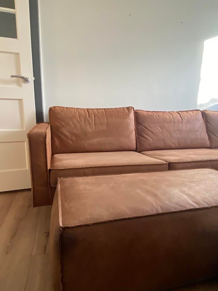 BePureHome Rodeo 3-zits bank + poef cognac, Ophalen, 250 tot 300 cm, Gebruikt, Driepersoons