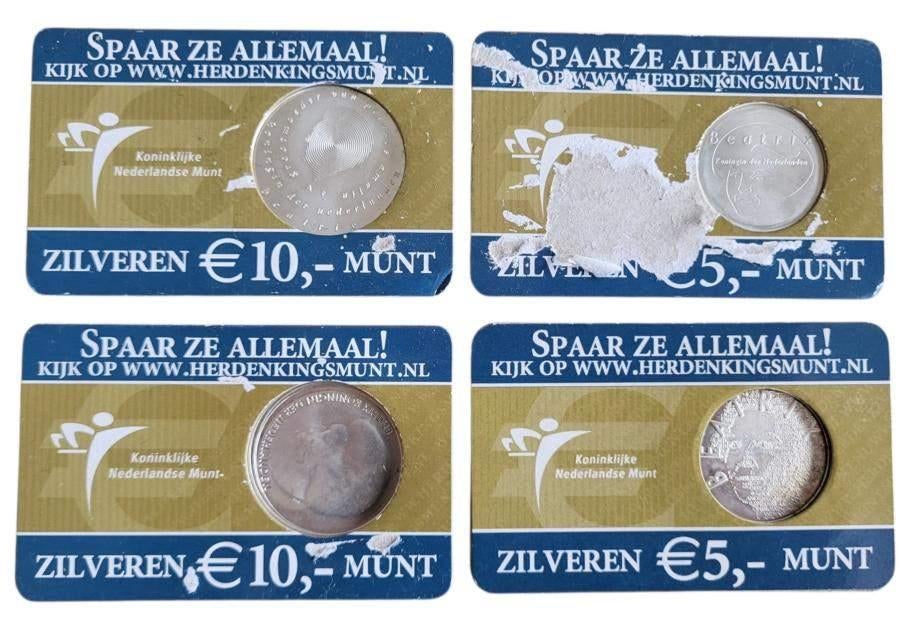 Nederland set 1e 4 coincards 5 en 10 Euro 2002-2004 (beschad, Setje, Koningin Beatrix, Zilver, Euro's
