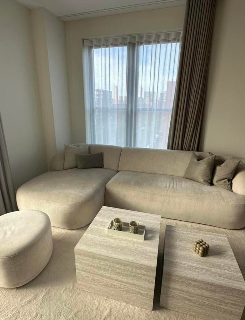 Montel hoekbank met poef creme, Huis en Inrichting, Ophalen, Rond, 125 cm of meer, Zo goed als nieuw