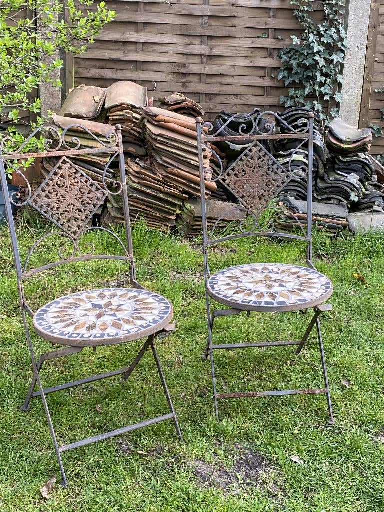 Franse bistrostoelen mozaiek set van 2, Tuin en Terras, Tuinstoelen, Gebruikt, Metaal, Inklapbaar, Ophalen