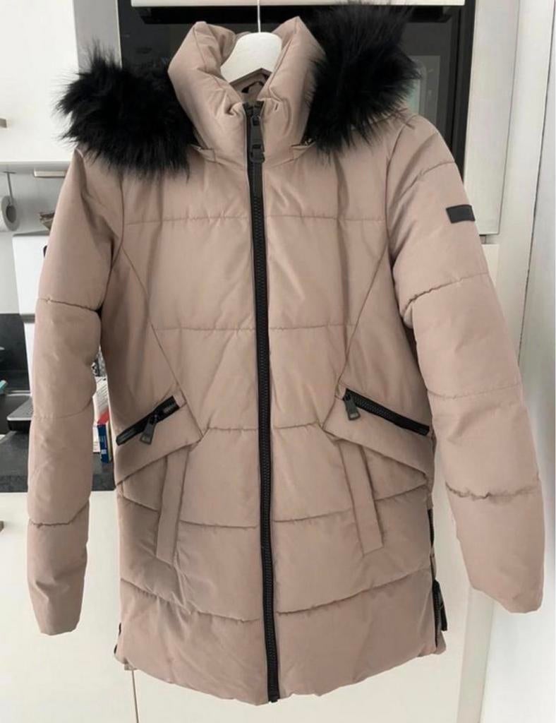 DKNY Winterjas met capuchon en faux bontrand - Beige/Roze, Kleding | Dames, Jassen | Winter, Ophalen of Verzenden, Zo goed als nieuw