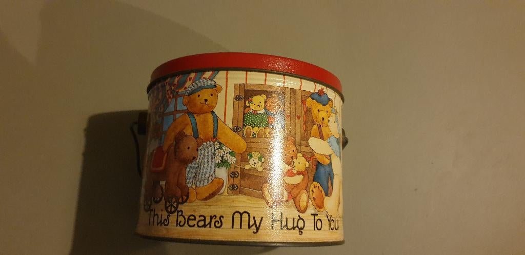 Groot koekblik emmer met hengsel beren berenkoekblik, Verzamelen, Blikken, Ophalen of Verzenden, Gebruikt, Koek(jes), Overige merken