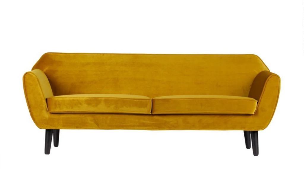 Woood Rocco 2.5-zits bank okergeel - Zo goed als nieuw, Huis en Inrichting, 150 tot 200 cm, Tweepersoons, 75 tot 100 cm, Ophalen of Verzenden