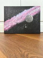 Roze melkweg schilderij met maan en sterren op – 30x38 cm, Ophalen of Verzenden