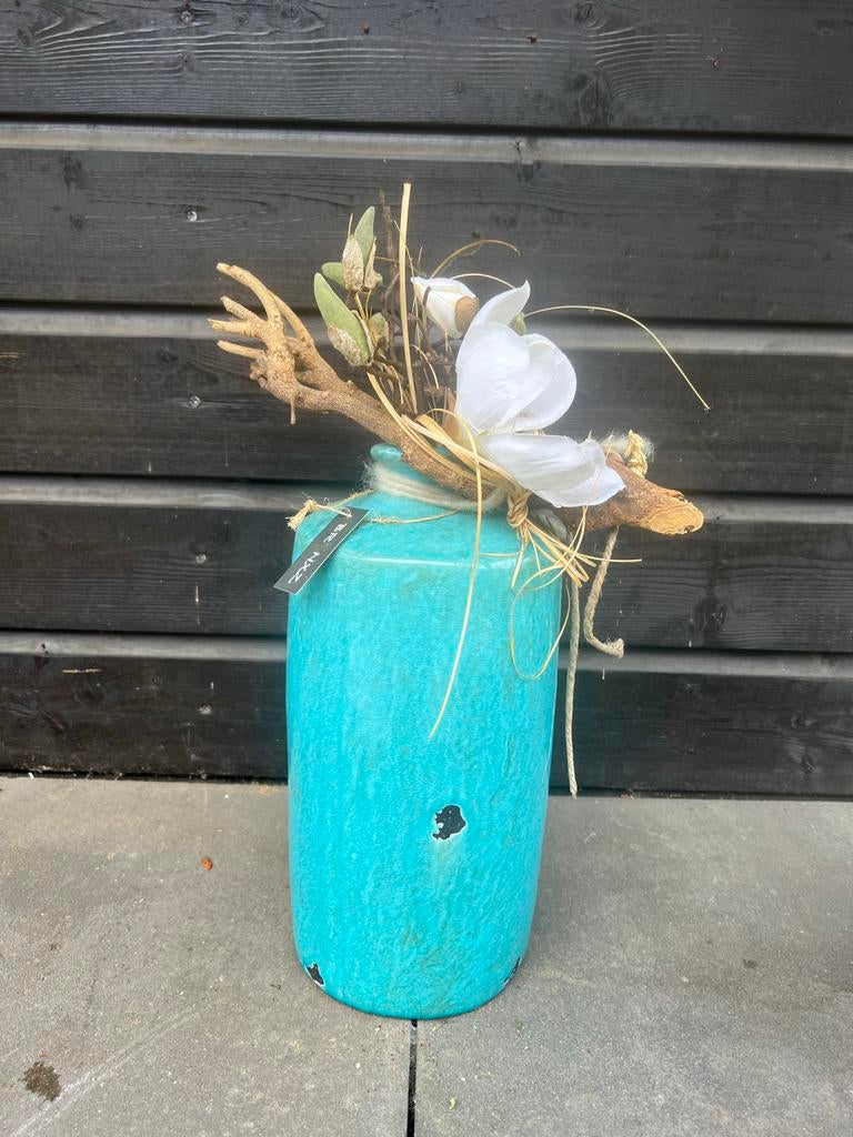 Turquoise Brynxz Bloempot met Decoratie, Overige kleuren, Aardewerk of Porselein, Ophalen of Verzenden, Zo goed als nieuw