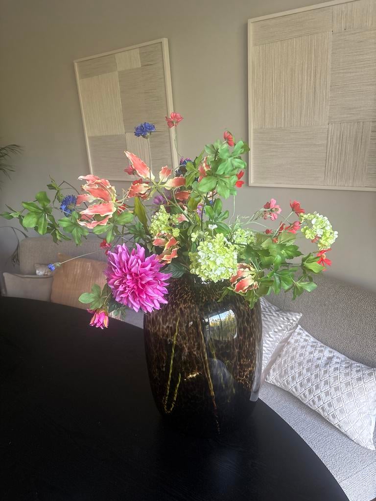 Boeket kunstbloemen met grote cheeta vaas, Ophalen, Overige kleuren, 75 cm of meer, Glas