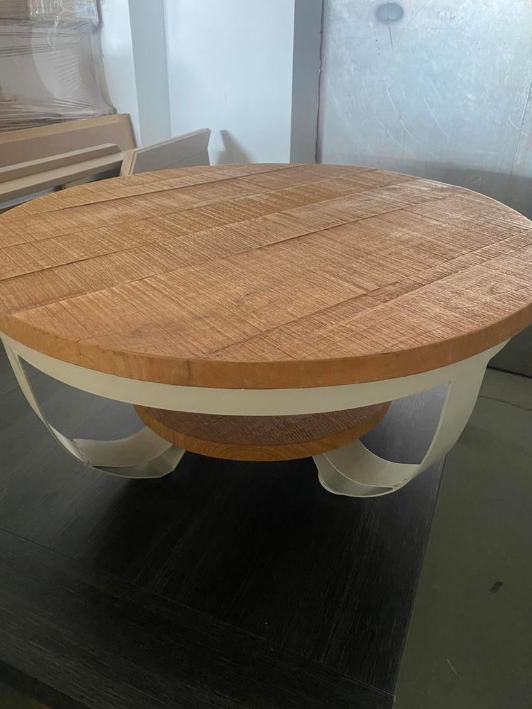 Ronde salontafel met houten blad, Huis en Inrichting, Tafels | Salontafels, Gebruikt, Minder dan 50 cm, 50 tot 100 cm, Rond, Overige houtsoorten