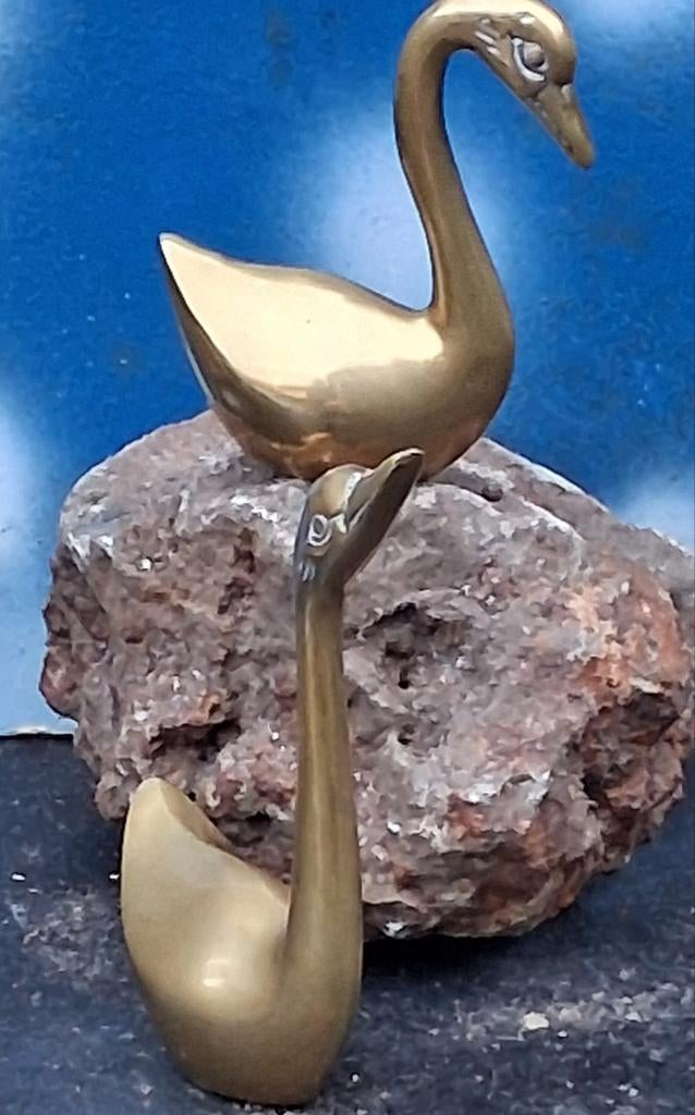 Zwaan. Zwanenpaar.  Messing.  Ca '70. 14 & 10 cm., Verzamelen, Beelden en Beeldjes, Ophalen, Zo goed als nieuw, Dier