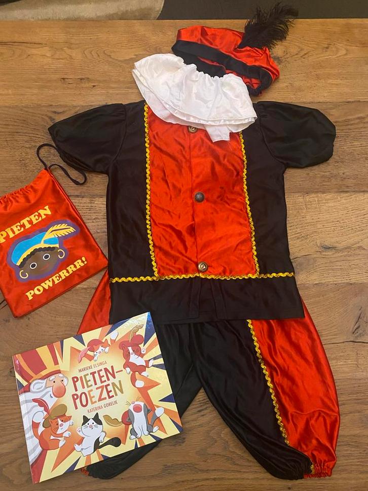 Kinder Pietenpak 4-6 jaar, complete set + PietenPoezen boek, Kinderen en Baby's, Carnavalskleding en Verkleedspullen, Zo goed als nieuw