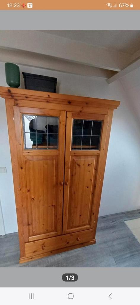 kast,opbergkast grenen Glas in lood, Huis en Inrichting, Kasten | Computermeubels, Gebruikt, 170 cm of meer, 70 tot 120 cm, Glas
