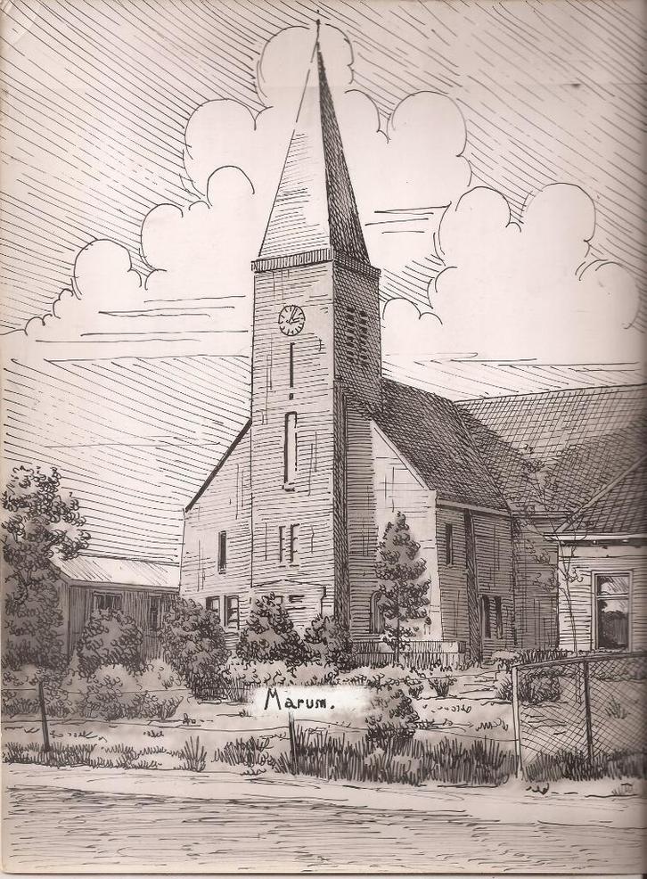 Marum Kerk tekening Sievers 50/60er jaren, Antiek en Kunst, Kunst | Tekeningen en Foto's, Ophalen of Verzenden